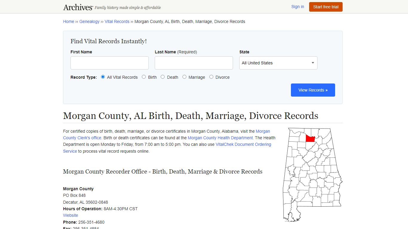 Morgan County, AL Birth, Death, Marriage, Divorce Records